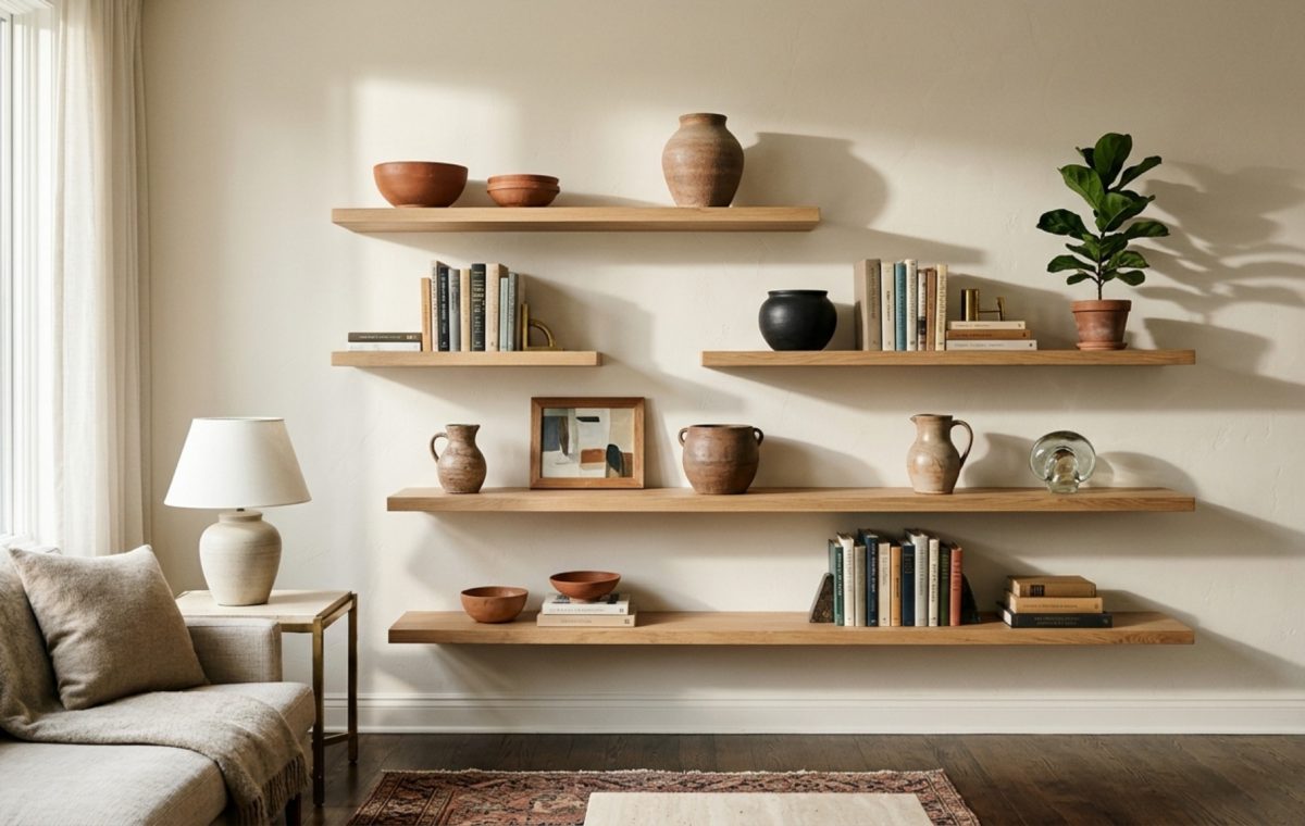 A sophisticated living room featuring asymmetrical floating white oak shelves against a Benjamin Moore Swiss Coffee wall, styled with vintage books and matte ceramics in the Nate Berkus aesthetic.