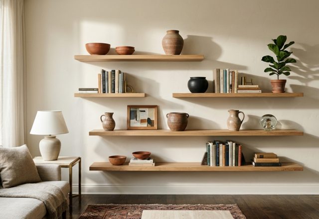 A sophisticated living room featuring asymmetrical floating white oak shelves against a Benjamin Moore Swiss Coffee wall, styled with vintage books and matte ceramics in the Nate Berkus aesthetic.
