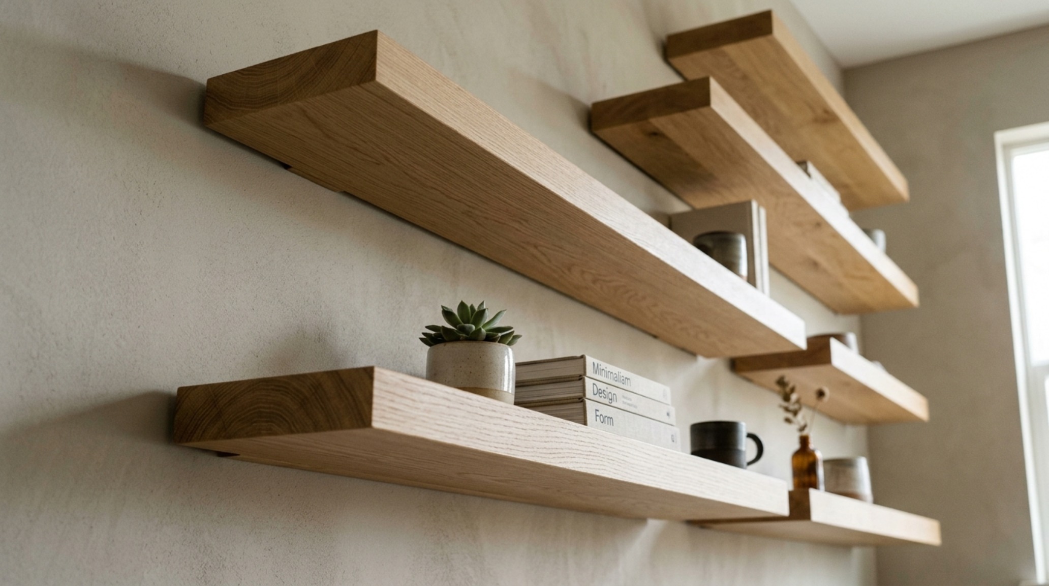 Side profile of floating shelves showing 14-inch depth and precise sightline alignment with a low-slung Italian leather sofa.