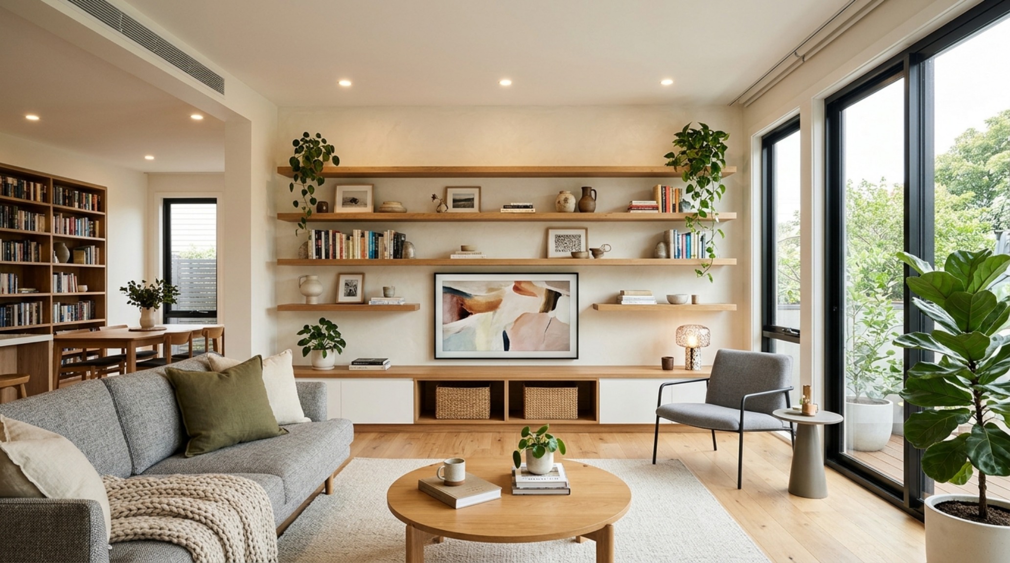 Modern wall shelves styling in a sun-drenched room with 3000K task lighting and high-CRI LEDs highlighting the natural texture of reclaimed wood.