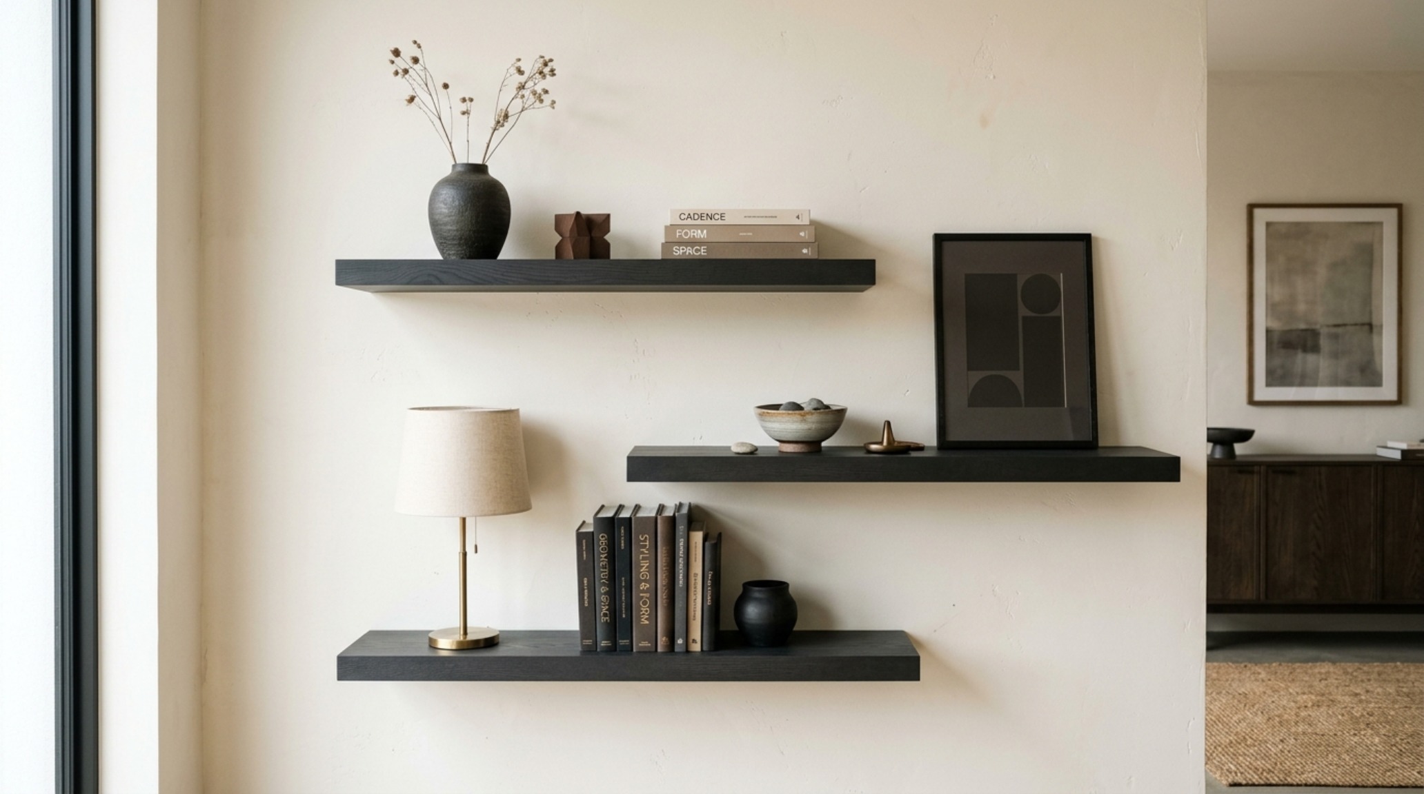 Geometric wall installation with staggered floating shelves in a dark Iron Ore finish, contrasting with Swiss Coffee walls and light oak flooring.