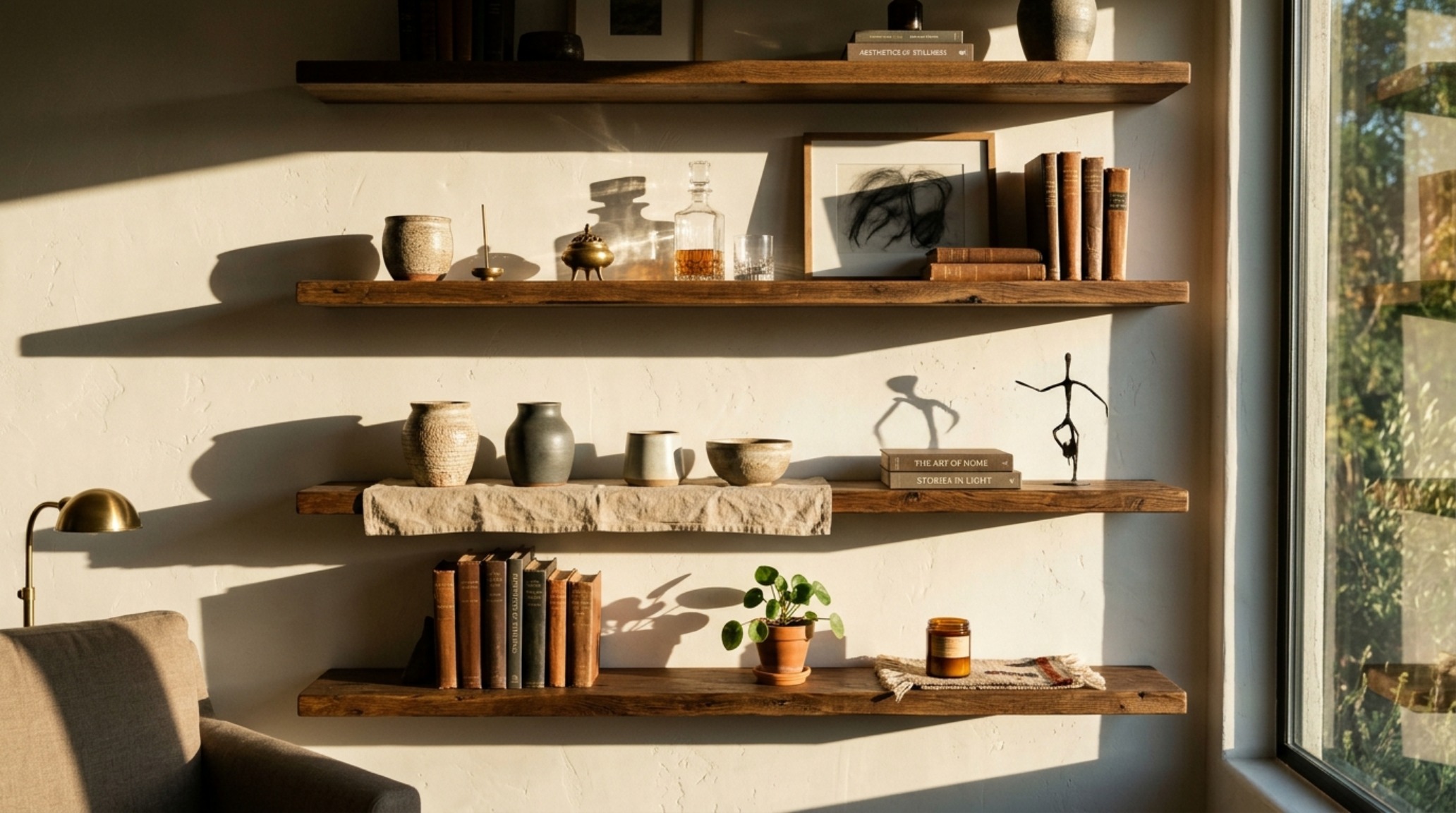 An evocative editorial photo of a curated bookshelf featuring a mix of modern art, antique brass, and sculptural ceramics, embodying quiet luxury.