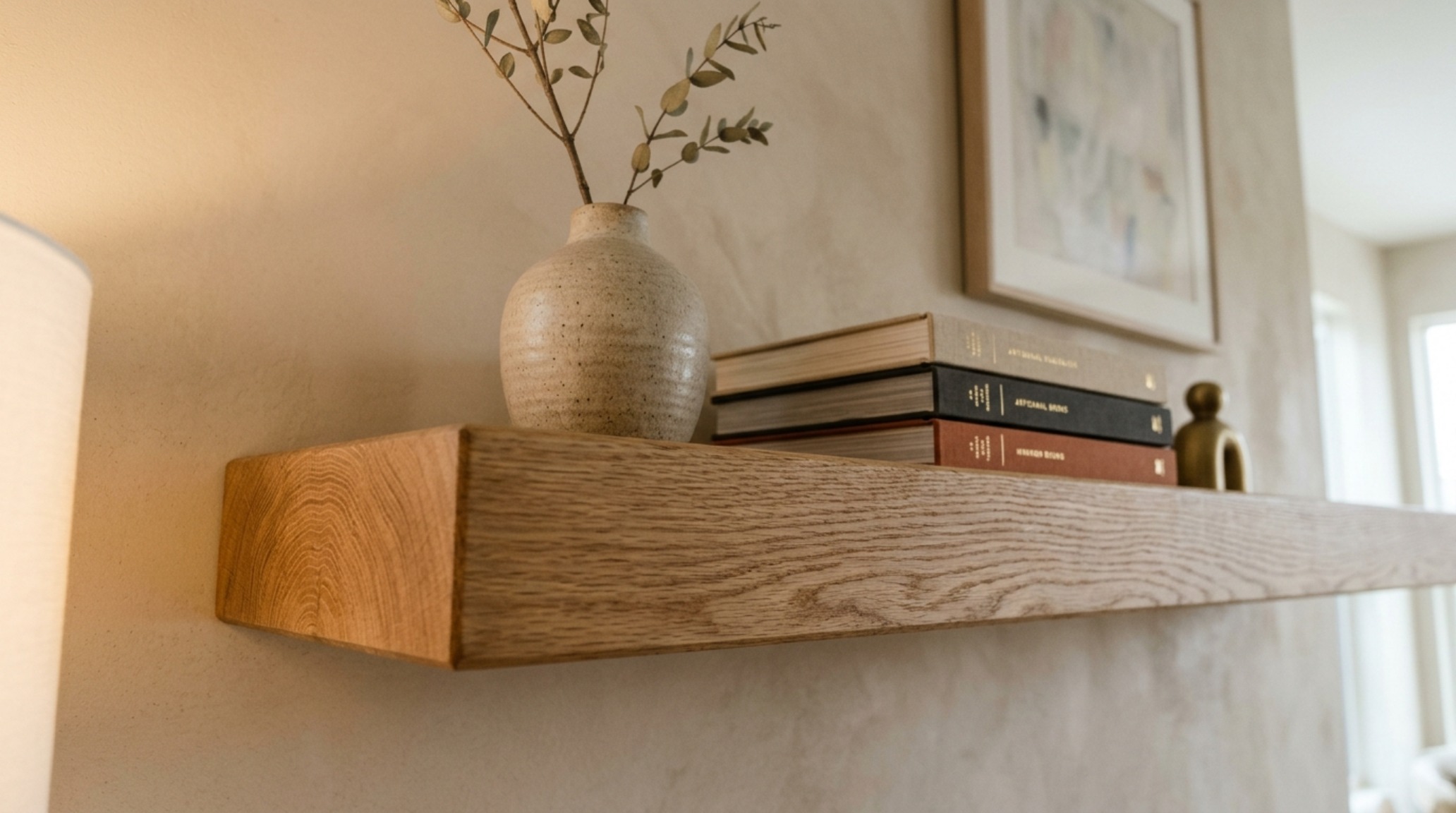 Detailed shot of a visual anchor shelf made of heavy timber, showing the 60/40 weight distribution and negative space that defines architectural bookshelf styling.