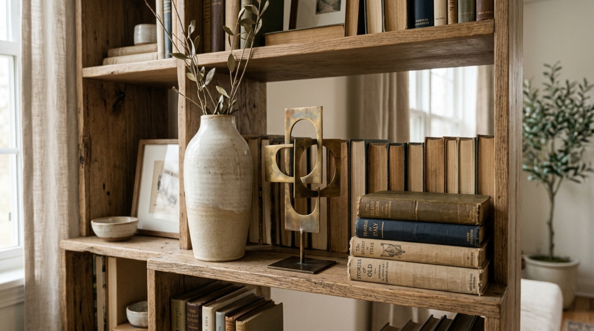 Curated bookshelf aesthetic showcasing the Rule of Three with a tall vessel, brass objects, and a stack of textured books on a modern wood shelf.