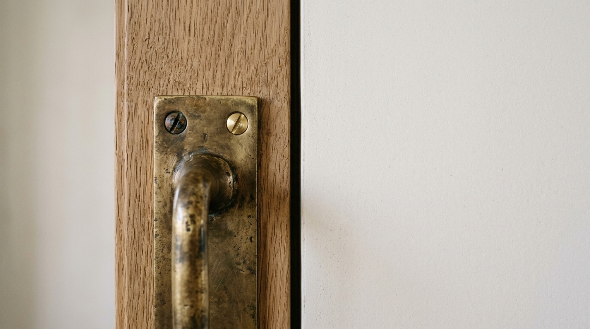 Close-up of unlacquered brass hardware and the wood grain of high-end interior storage solutions, highlighting tactile materiality and shadow play.
