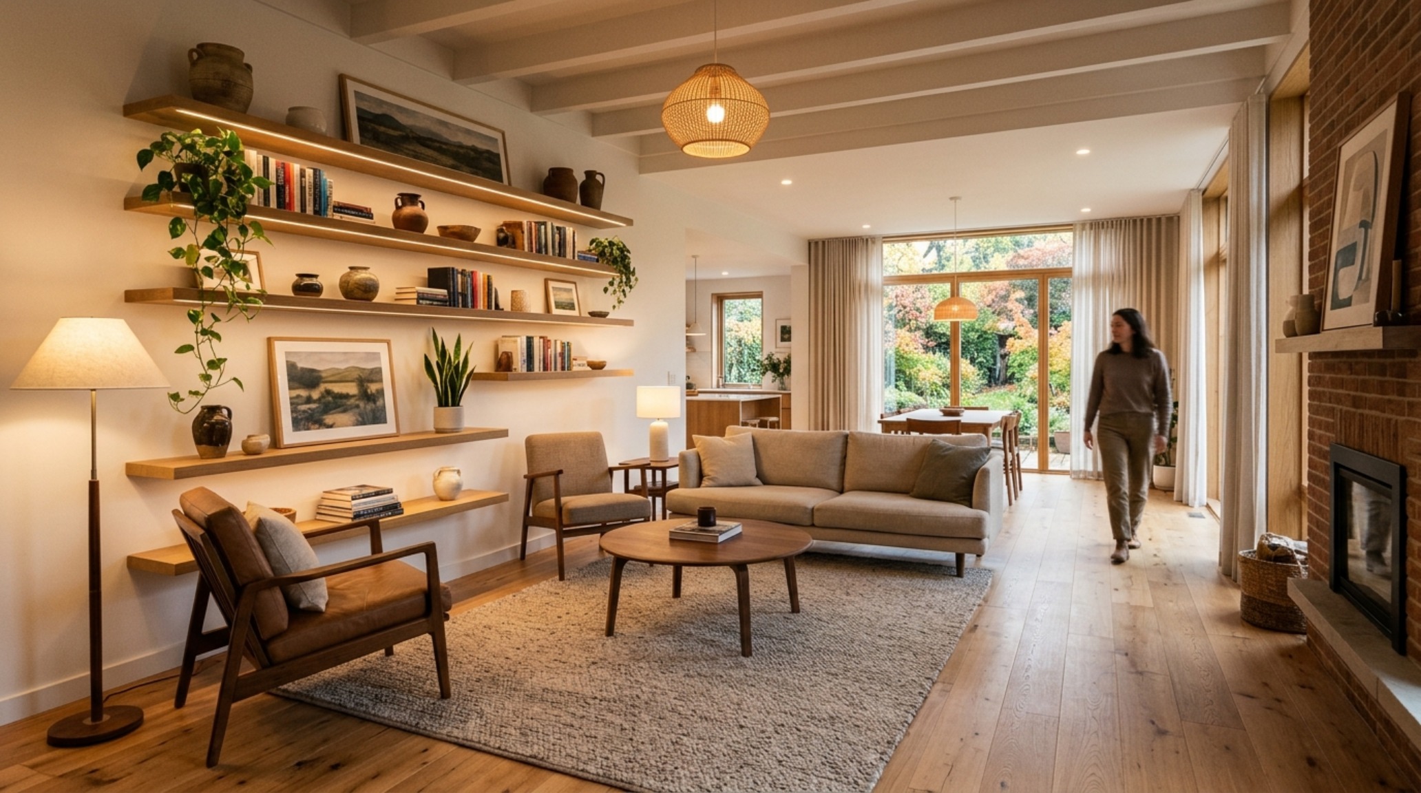 Wide-angle view of a living room with 36-inch walkway clearances and floating shelves illuminated by 2700K warm ambient lighting.