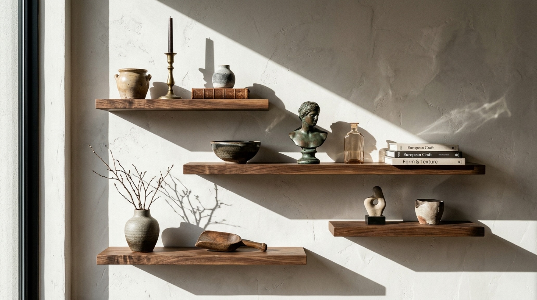 Architectural wall composition with asymmetrical walnut shelves, limewash walls, and directional lighting creating deep shadow profiles for a curated look.