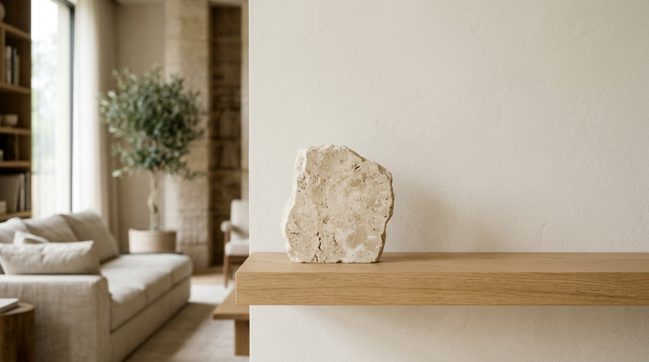 Minimalist shelf layering technique featuring a single honed travertine object and a small cluster of books, emphasizing the importance of void in design.