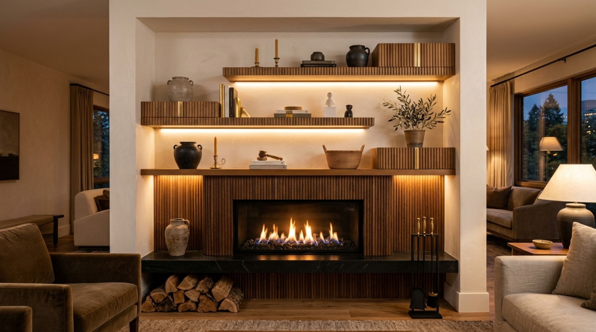 Luxury living room floating shelves ideas integrated into a fireplace alcove with fluted oak details and brass-weighted proportions.