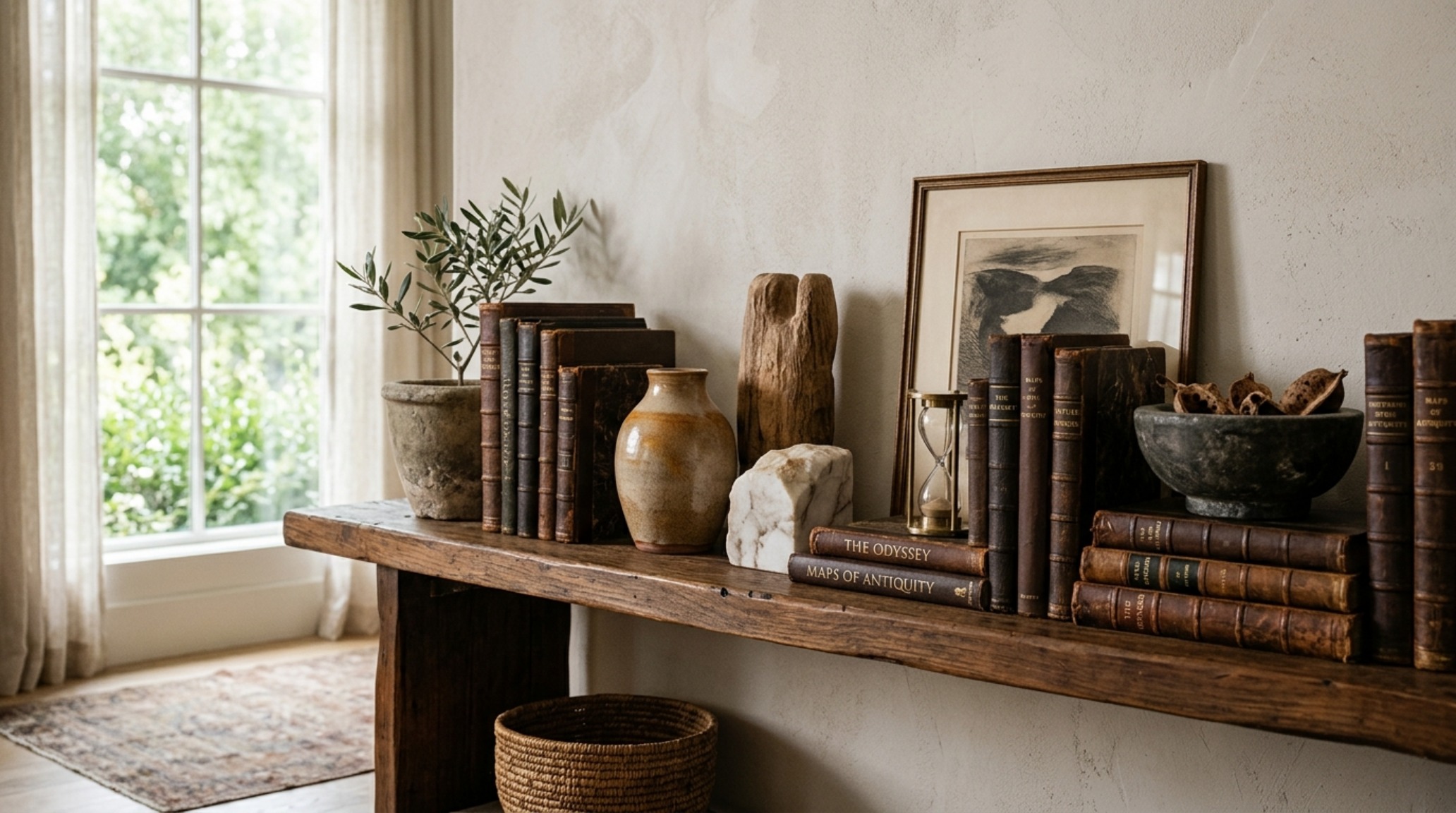 A collection of vintage found objects and organic sculptures arranged on wood wall shelves, demonstrating Nate Berkus designer styling tips for a collected home.