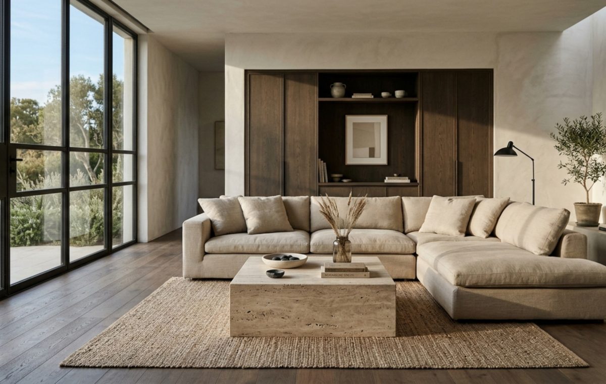 modern minimalist living room layout featuring a low-profile linen sofa, a monolithic travertine coffee table, and 36-inch architectural walkway clearances.