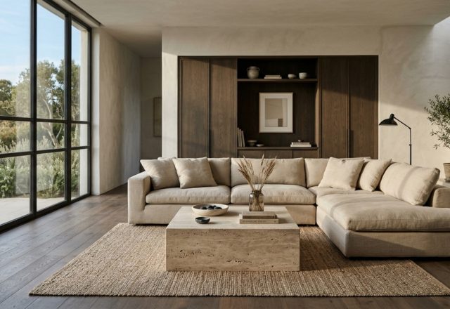 modern minimalist living room layout featuring a low-profile linen sofa, a monolithic travertine coffee table, and 36-inch architectural walkway clearances.