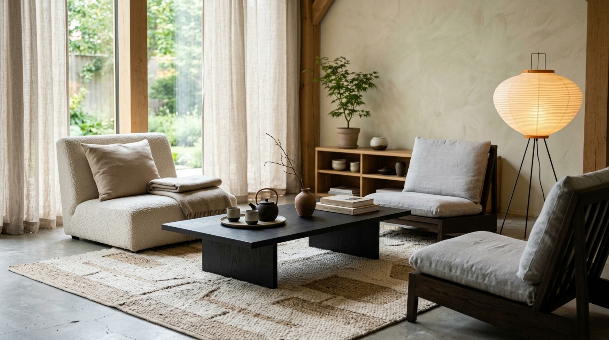 Japandi style furniture trends 2026 highlighting the intersection of Scandinavian functionality and Japanese minimalism with woven tatami mats and low-slung seating.