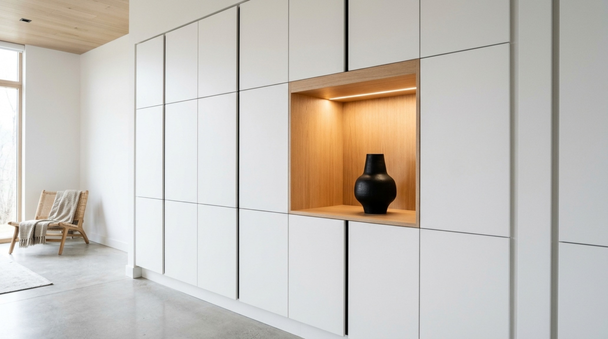 sleek modular storage systems in matte white lacquer with handle-less push-to-open doors integrated into a floor-to-ceiling architectural wall.