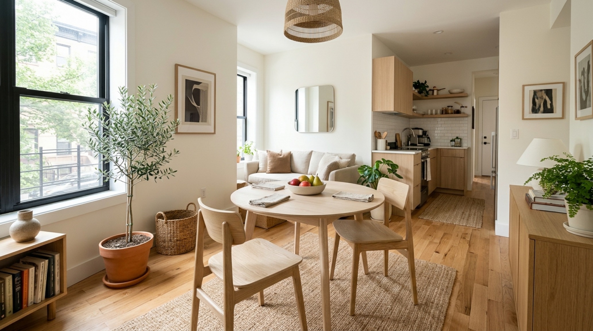 warm wood furniture for small spaces including a rounded light ash dining set that maximizes spatial flow in a compact open-plan apartment.