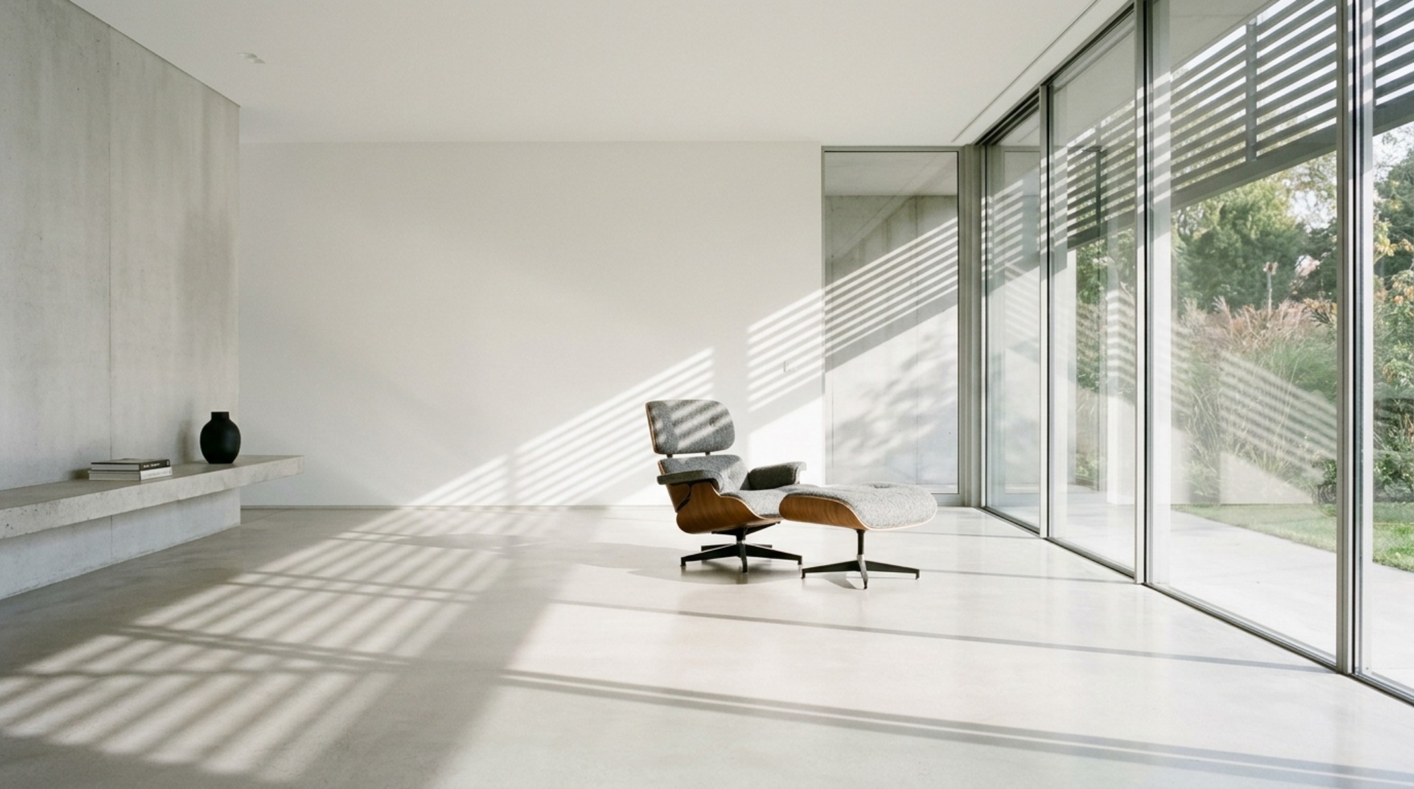 modern minimalist living room layout emphasizing negative space and long sightlines with a singular oversized lounge chair in a neutral putty tone.
