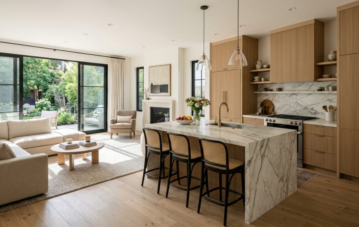 open concept kitchen and living room ideas featuring a 12-foot honed marble island and fluted white oak cabinetry under 10-foot ceilings.
