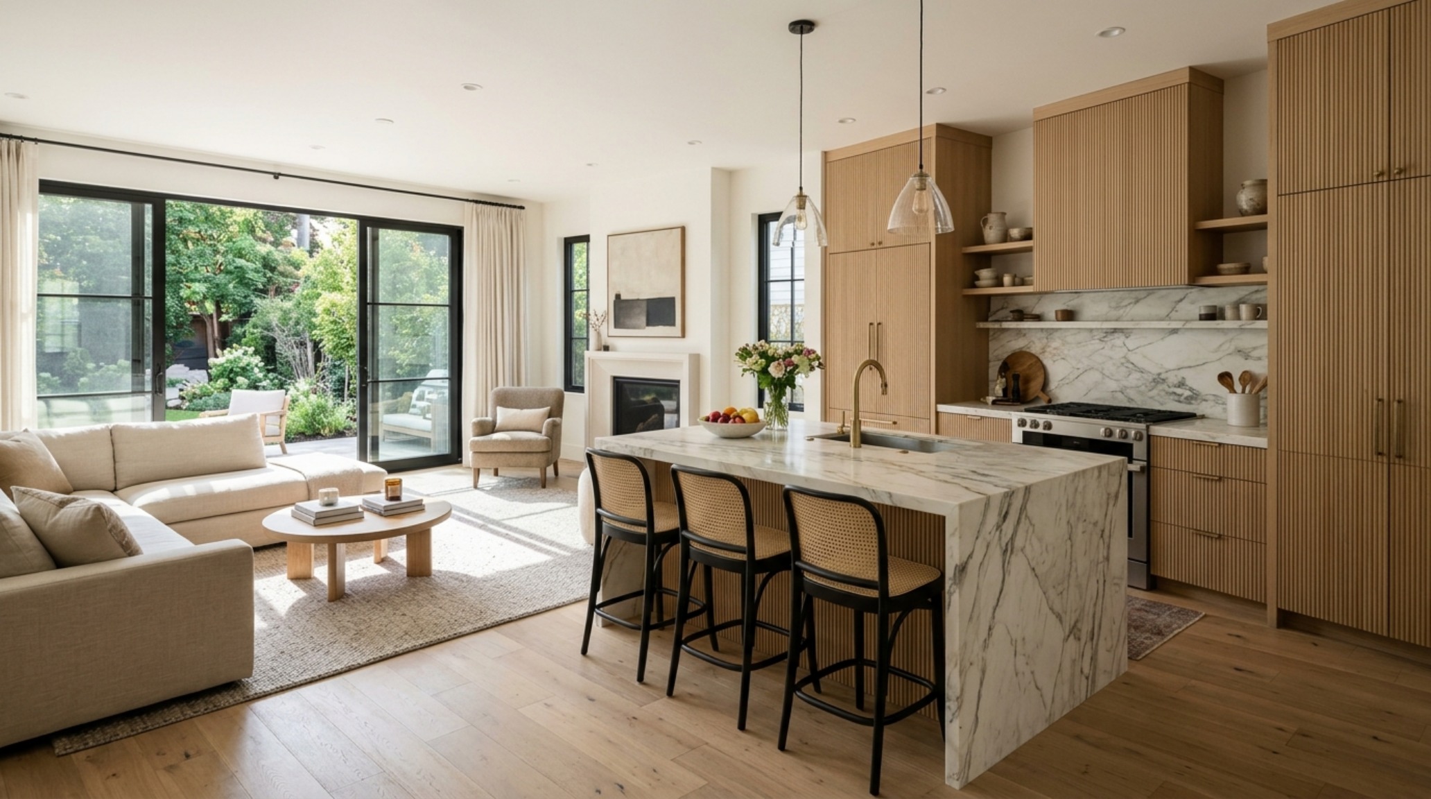 open concept kitchen and living room ideas featuring a 12-foot honed marble island and fluted white oak cabinetry under 10-foot ceilings. open concept kitchen and living room ideas featuring a 12-foot honed marble island and fluted white oak cabinetry under 10-foot ceilings.