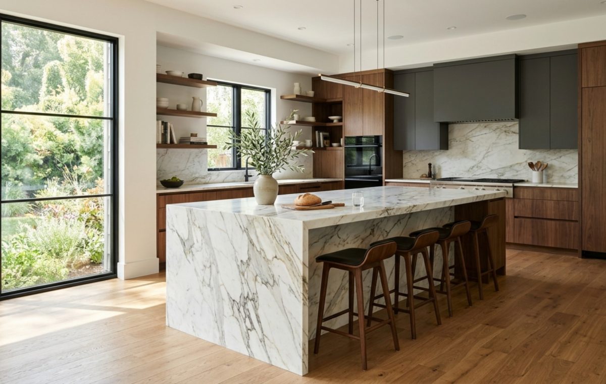 Waterfall island countertop ideas featuring a massive honed Arabescato marble slab with mitered edges and hidden steel supports for a weightless architectural look.