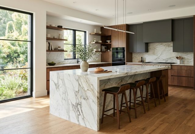 Waterfall island countertop ideas featuring a massive honed Arabescato marble slab with mitered edges and hidden steel supports for a weightless architectural look.