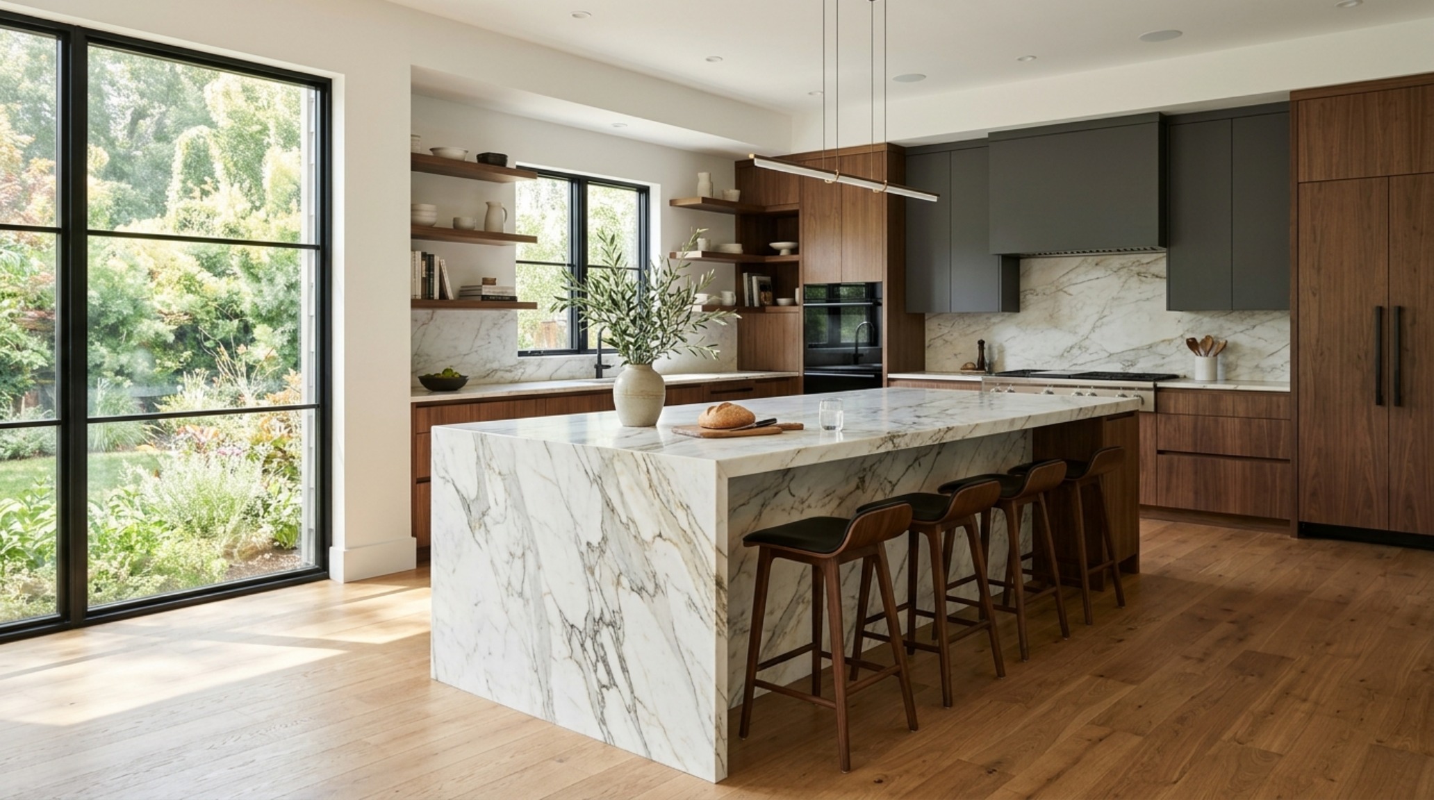 Waterfall island countertop ideas featuring a massive honed Arabescato marble slab with mitered edges and hidden steel supports for a weightless architectural look. Waterfall island countertop ideas featuring a massive honed Arabescato marble slab with mitered edges and hidden steel supports for a weightless architectural look.