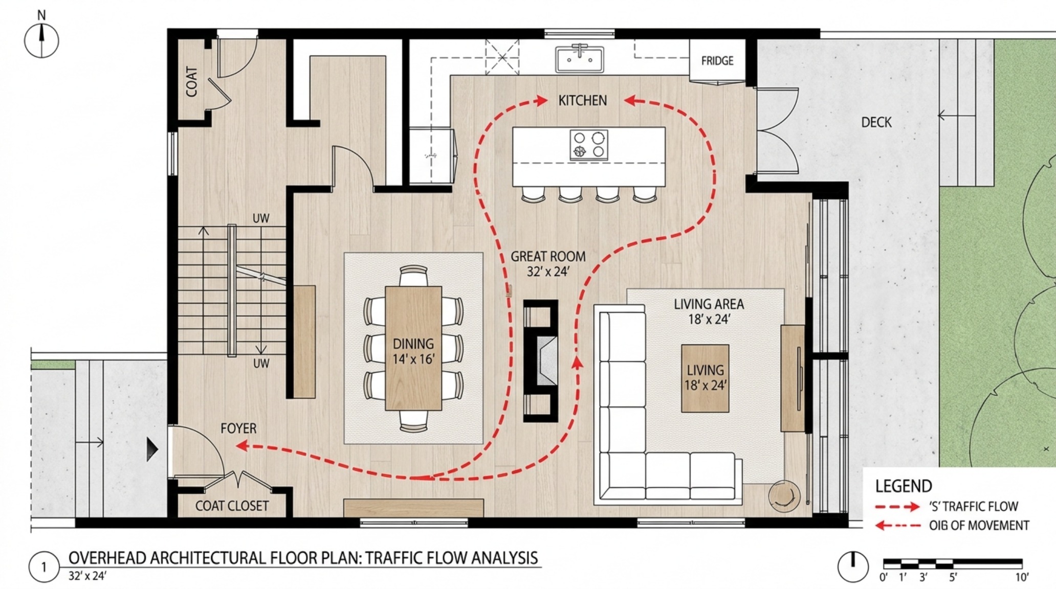 floor plan traffic flow shown from an overhead perspective to emphasize the natural movement between the kitchen island and the outdoor living zone. floor plan traffic flow shown from an overhead perspective to emphasize the natural movement between the kitchen island and the outdoor living zone.