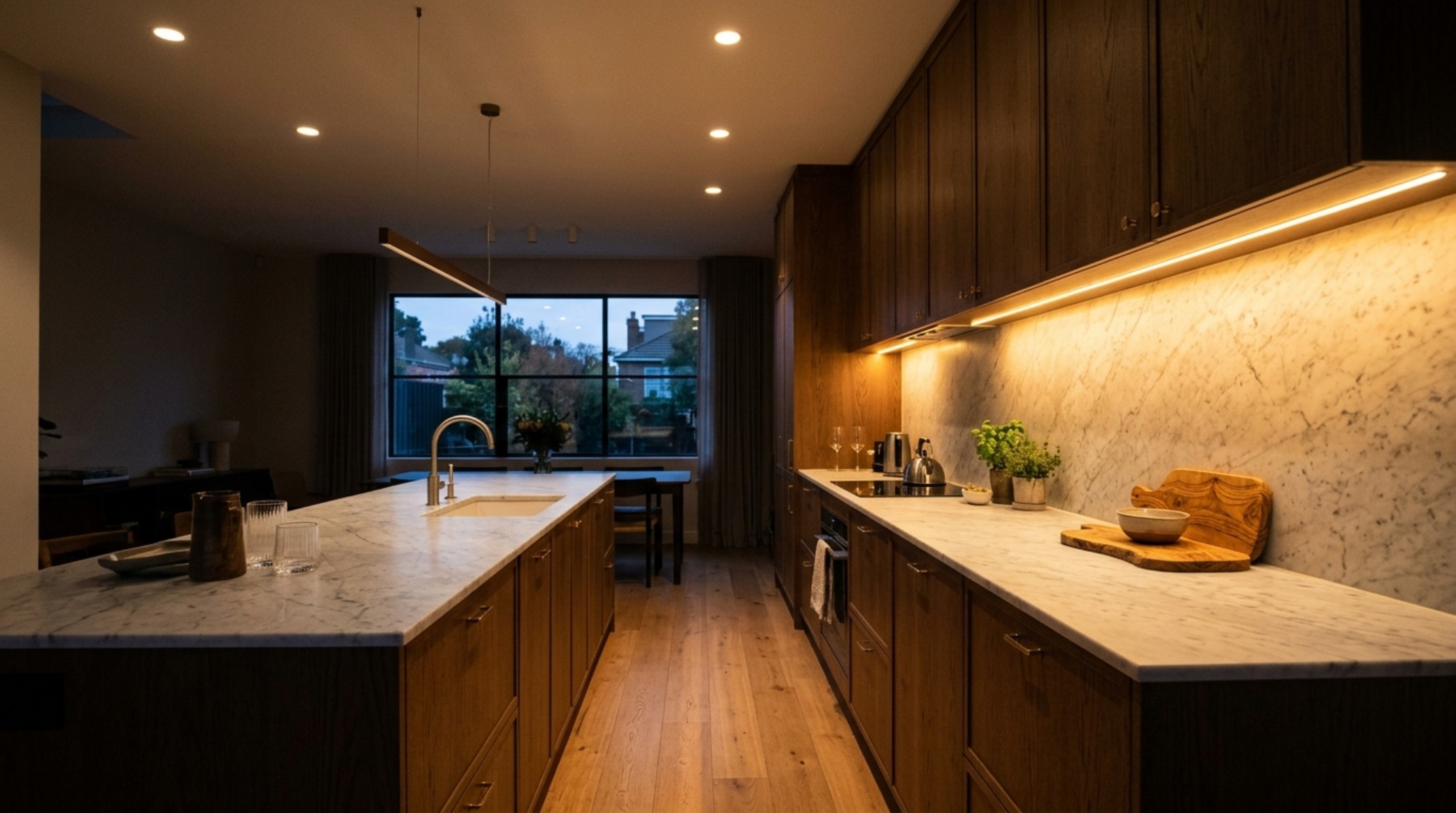 Modern kitchen lighting fixtures used to highlight the transition between a marble backsplash and floating shelves at golden hour. Modern kitchen lighting fixtures used to highlight the transition between a marble backsplash and floating shelves at golden hour.