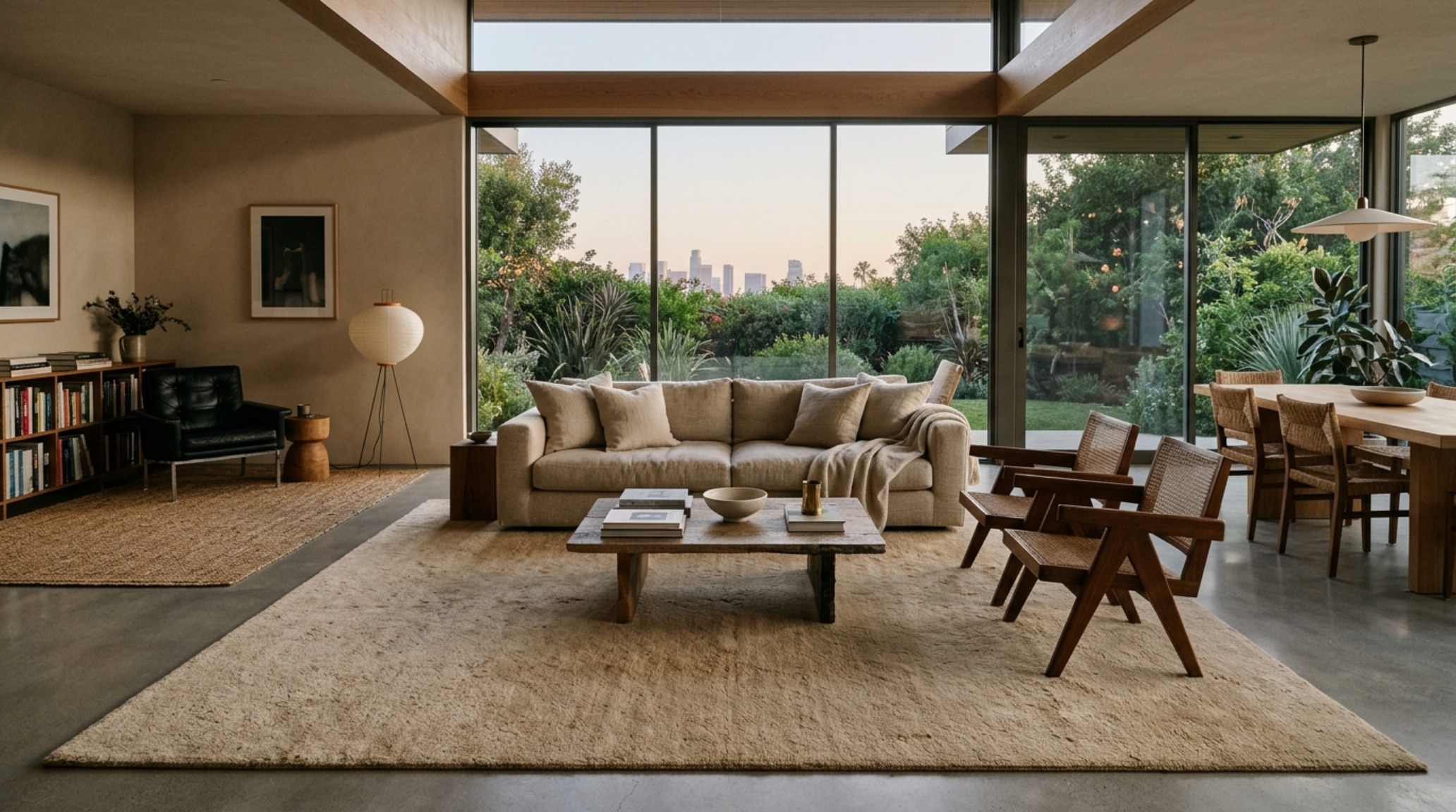 zoning with furniture and rugs using a large hand-knotted wool rug in sand tones to define a minimalist seating area with linen sofas. zoning with furniture and rugs using a large hand-knotted wool rug in sand tones to define a minimalist seating area with linen sofas.