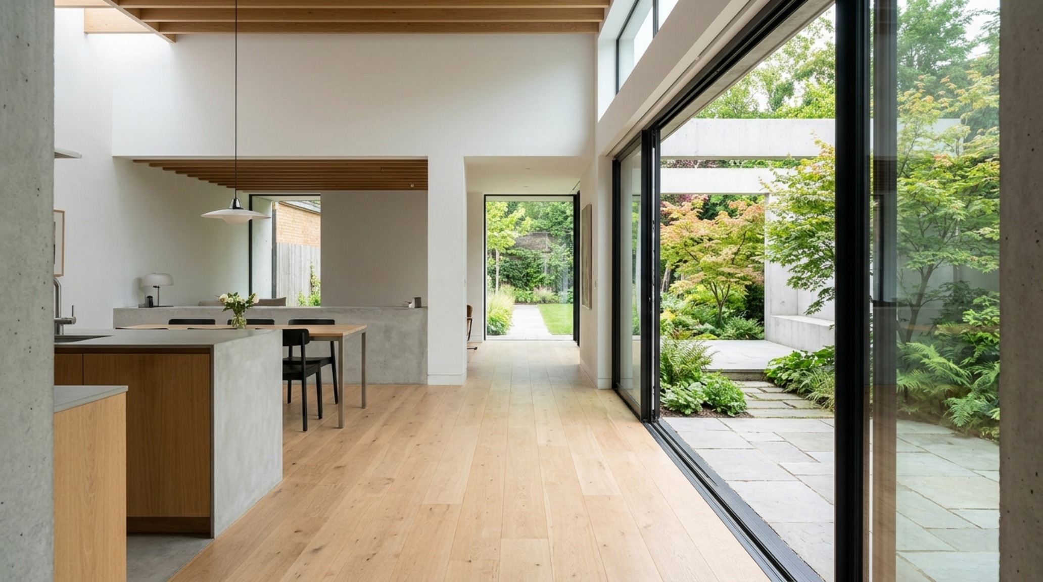 floor plan traffic flow illustrated by wide 36-inch pathways between a dining area and a floor-to-ceiling glass terrace entry. floor plan traffic flow illustrated by wide 36-inch pathways between a dining area and a floor-to-ceiling glass terrace entry.