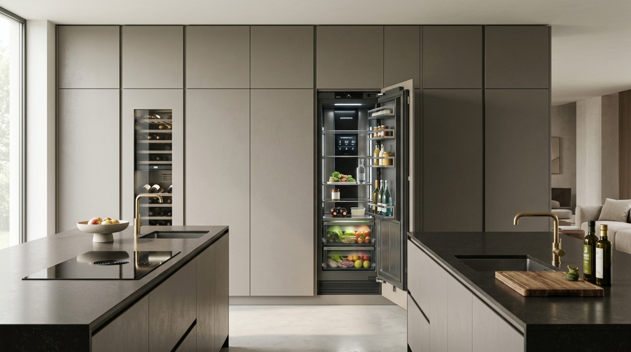 Integrated smart appliances concealed behind seamless matte charcoal cabinetry panels, maintaining the clean sightlines of a high-end contemporary kitchen aesthetic. Integrated smart appliances concealed behind seamless matte charcoal cabinetry panels, maintaining the clean sightlines of a high-end contemporary kitchen aesthetic.