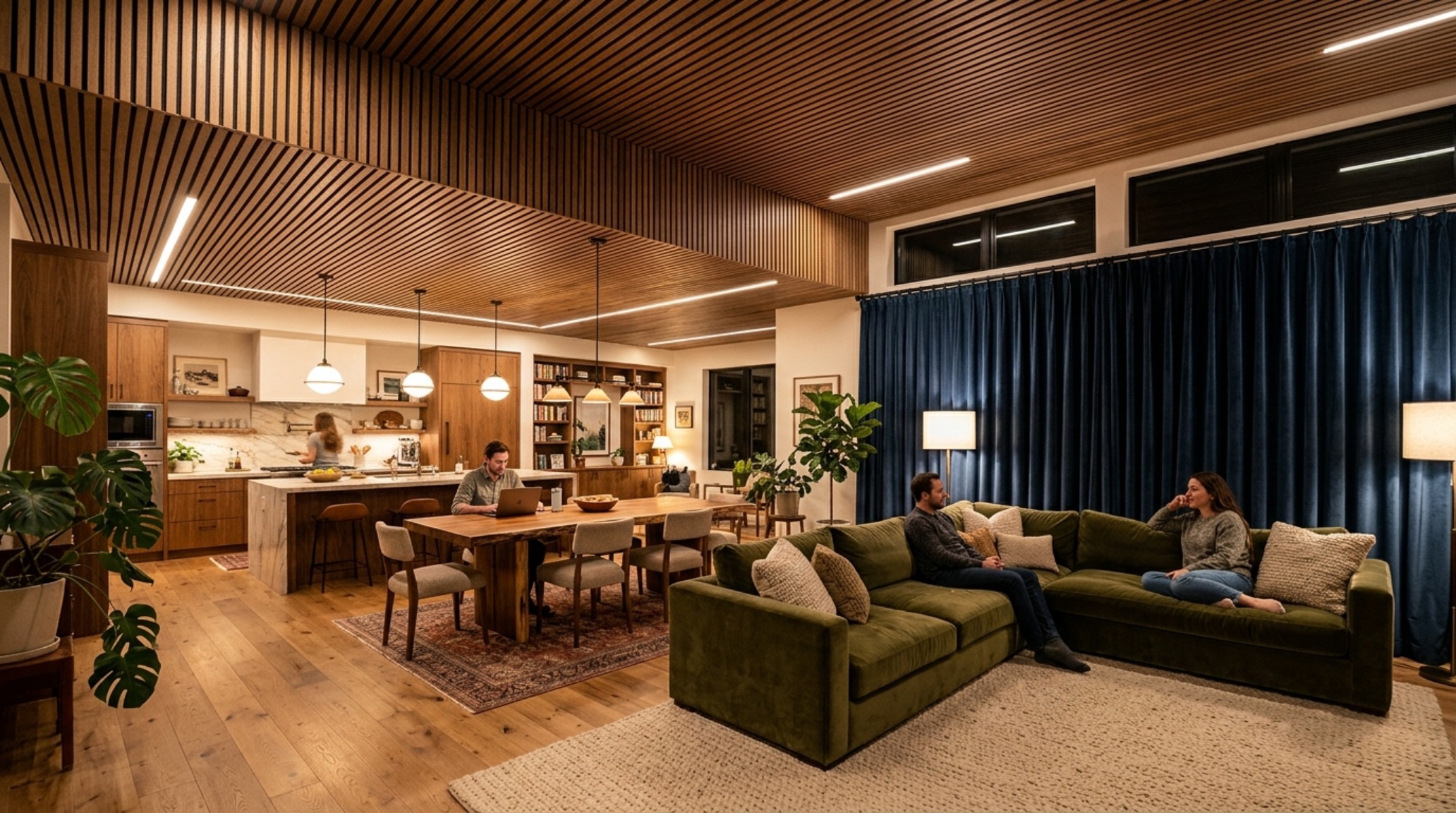 open floor plan noise reduction achieved through walnut wood-slat acoustic ceiling panels and heavy Belgian linen drapery. open floor plan noise reduction achieved through walnut wood-slat acoustic ceiling panels and heavy Belgian linen drapery.