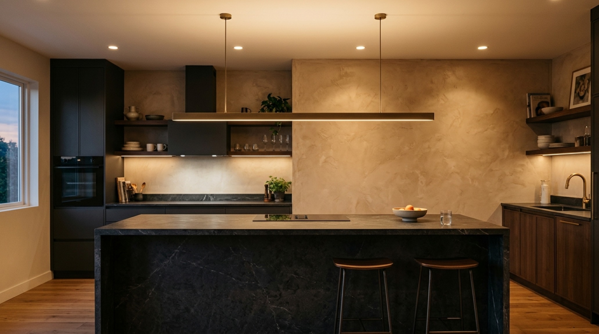 Modern kitchen lighting fixtures including a slim linear brass pendant suspended over a monolithic island, providing warm 2700K task illumination. Modern kitchen lighting fixtures including a slim linear brass pendant suspended over a monolithic island, providing warm 2700K task illumination.