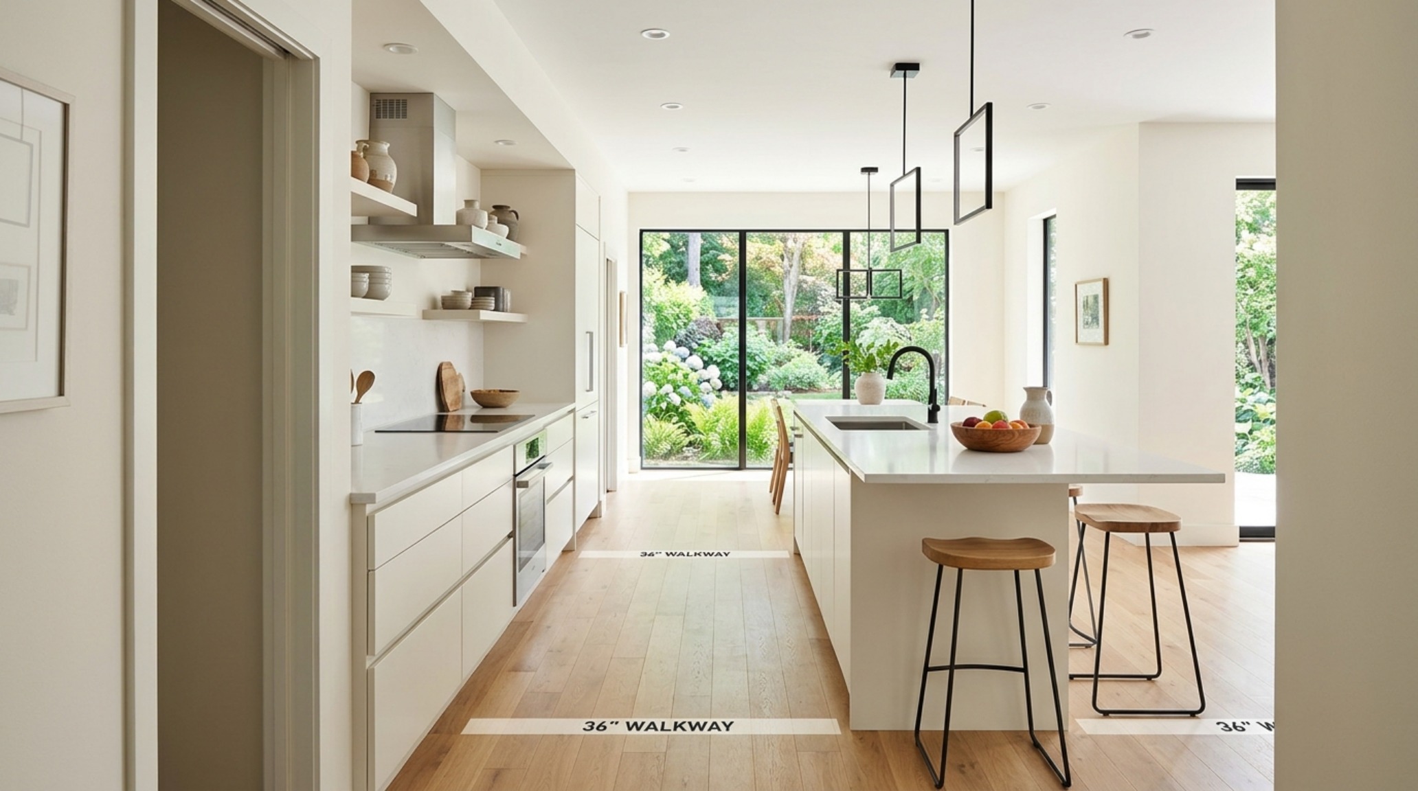 Contemporary kitchen aesthetic showcased through floor-to-ceiling cabinetry, a hidden pantry, and wide 36-inch walkways for optimal spatial flow. Contemporary kitchen aesthetic showcased through floor-to-ceiling cabinetry, a hidden pantry, and wide 36-inch walkways for optimal spatial flow.