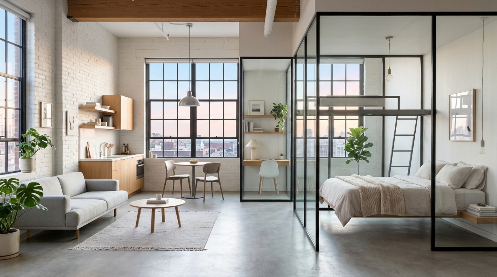 small open floor plan solutions using a glass-enclosed bedroom partition and light Benjamin Moore Swiss Coffee walls to expand a studio loft. small open floor plan solutions using a glass-enclosed bedroom partition and light Benjamin Moore Swiss Coffee walls to expand a studio loft.