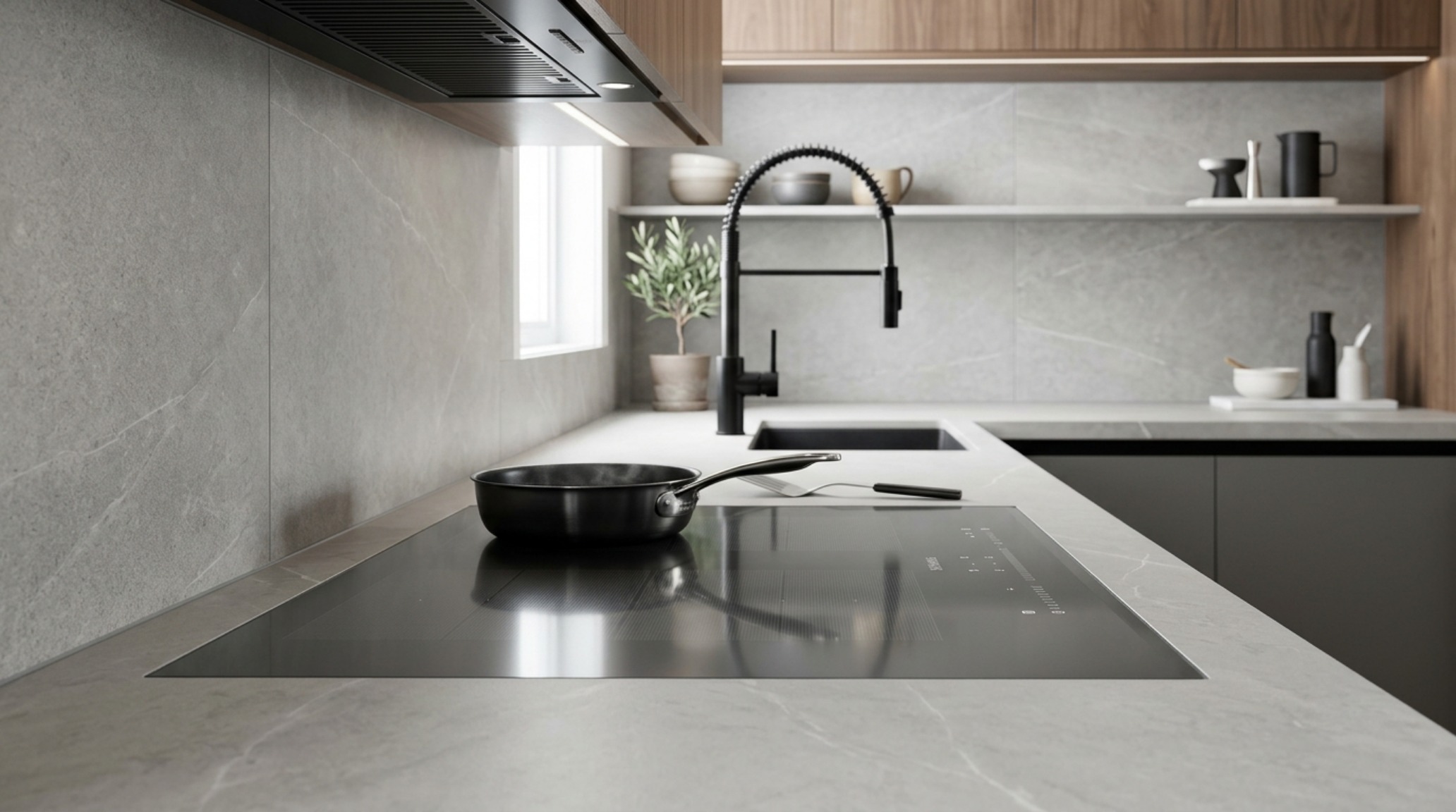 Luxury kitchen renovation tips visualized with a professional-grade downdraft ventilation system and a recessed induction cooktop on a white quartz surface. Luxury kitchen renovation tips visualized with a professional-grade downdraft ventilation system and a recessed induction cooktop on a white quartz surface.