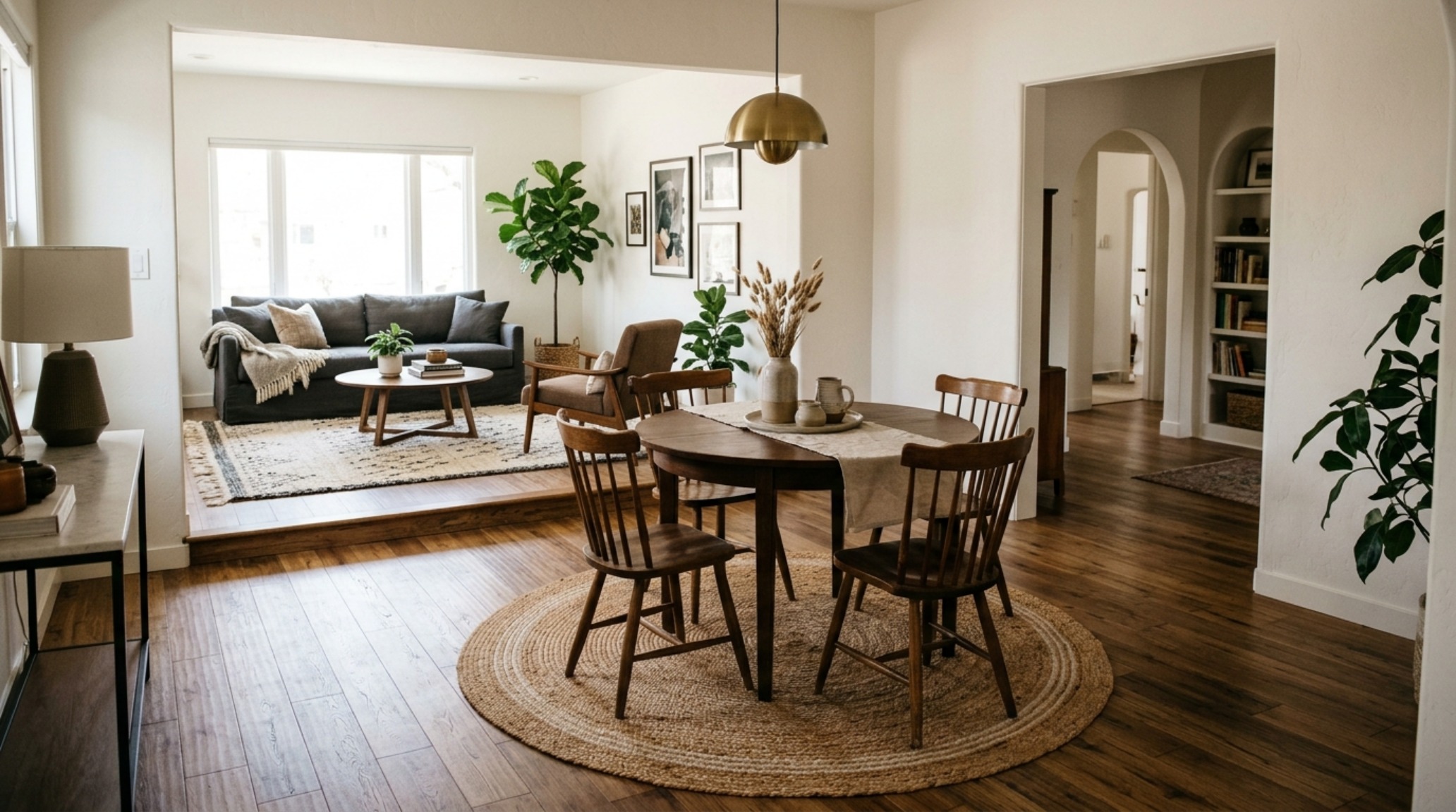 zoning with furniture and rugs where a circular jute rug anchors a round oak dining table within a larger open-plan space. zoning with furniture and rugs where a circular jute rug anchors a round oak dining table within a larger open-plan space.