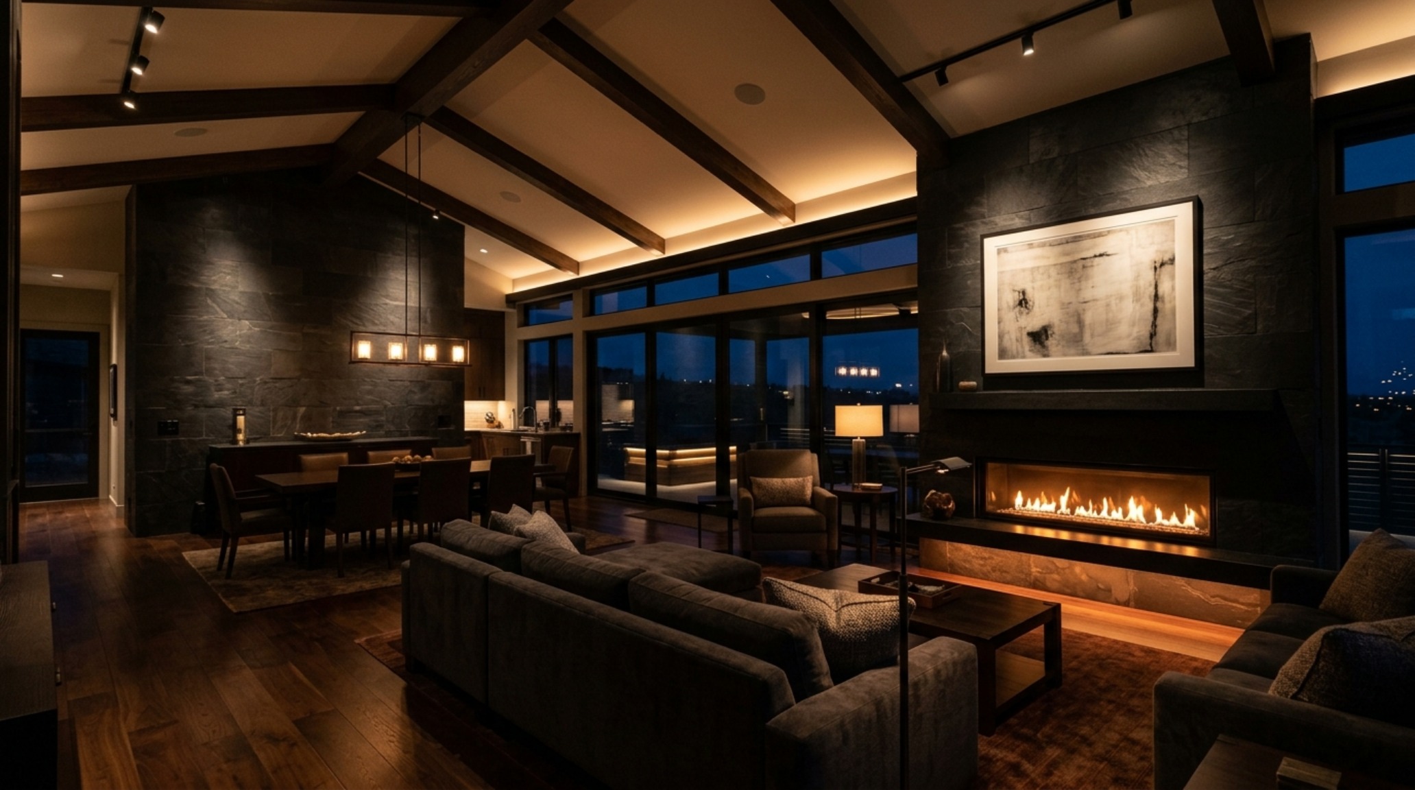 modern great room design highlighting the 2700K ambient lighting and the sculptural silhouette of a mid-century modern furniture group. modern great room design highlighting the 2700K ambient lighting and the sculptural silhouette of a mid-century modern furniture group.