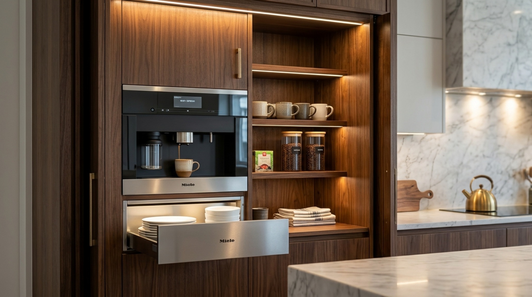 Integrated smart appliances within a coffee station alcove, featuring automated pocket doors and internal LED strip lighting. Integrated smart appliances within a coffee station alcove, featuring automated pocket doors and internal LED strip lighting.