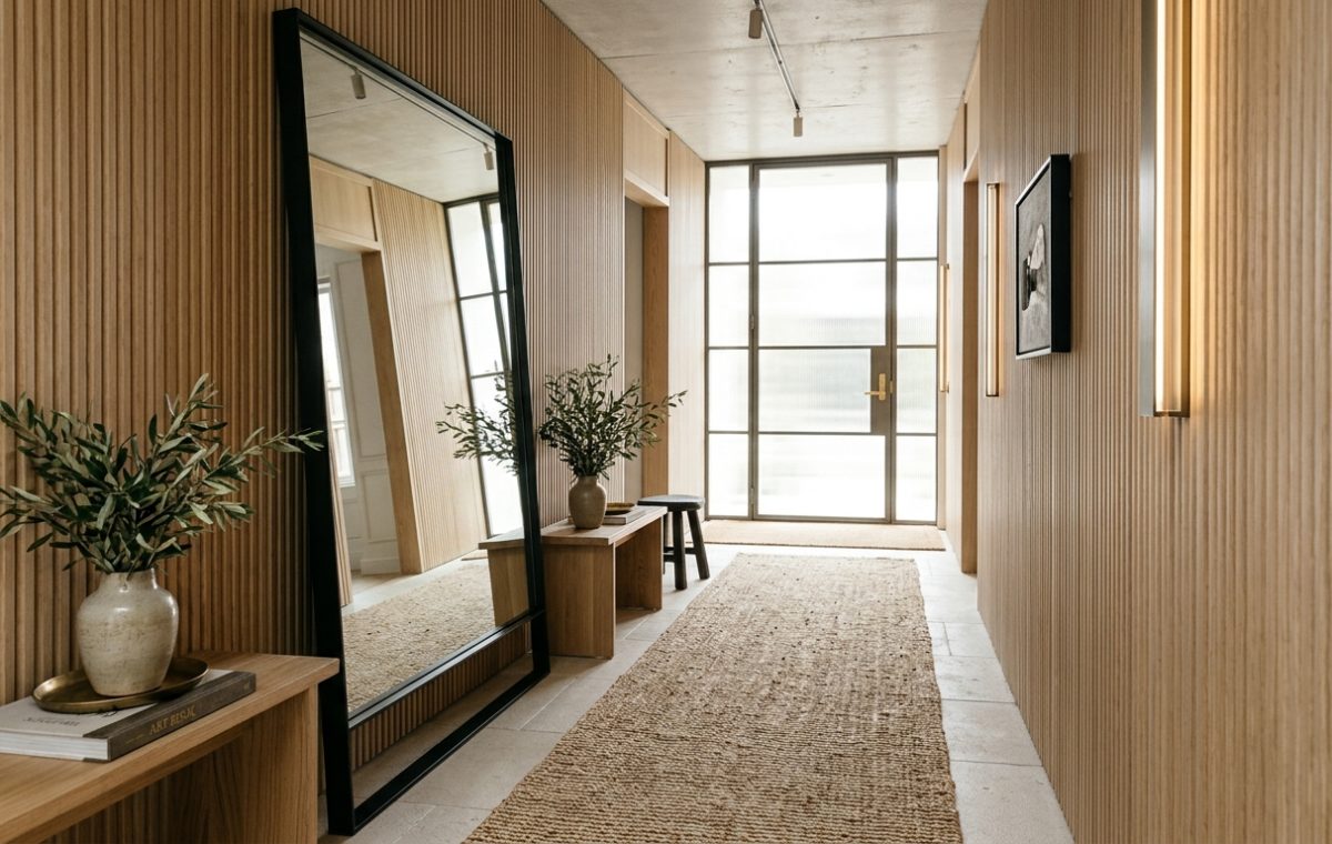 A grand narrow entryway featuring a 7-foot tall minimalist mirror, a long jute runner rug, and white oak walls reflecting natural light.