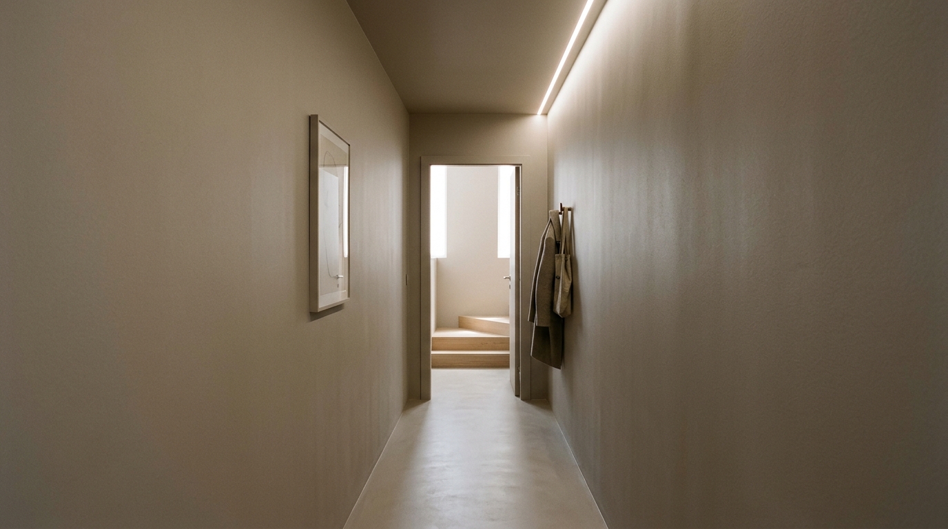 Wide-angle shot of a transition zone using a monochromatic color palette to blur spatial boundaries in a narrow home.