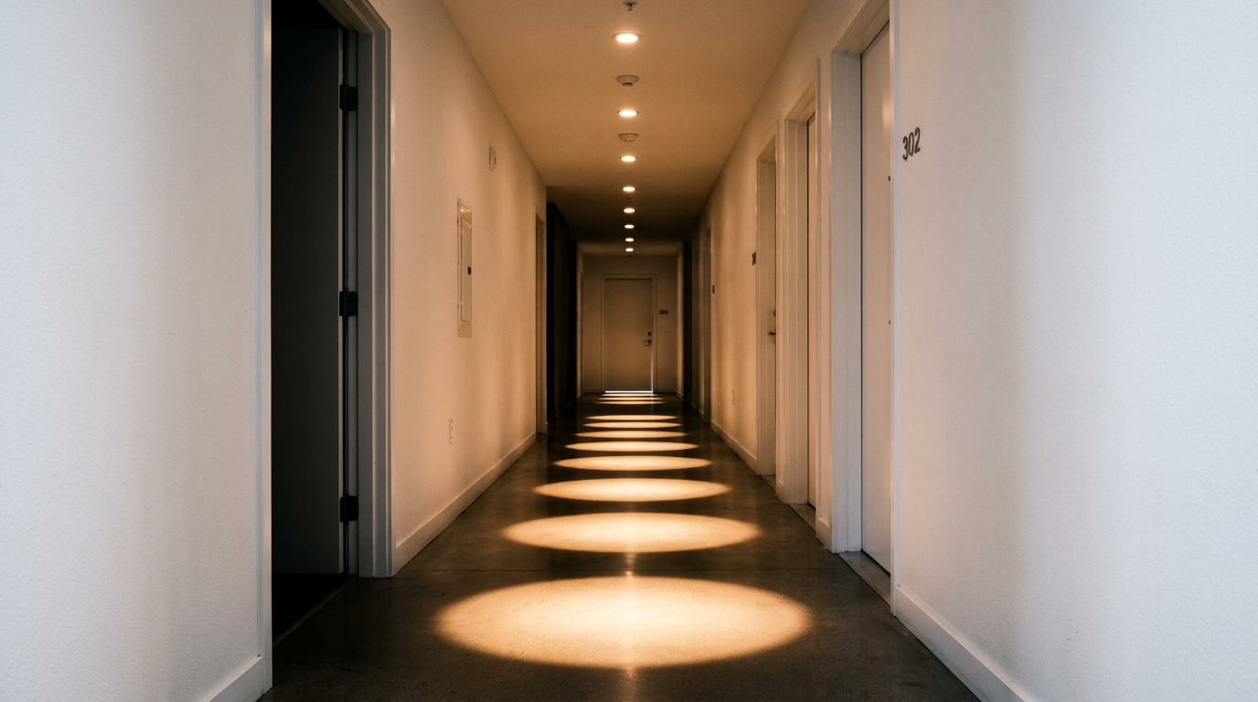 Integrated LED strip lighting tucked behind a floating oak ledge, casting a soft glow across a narrow passage.