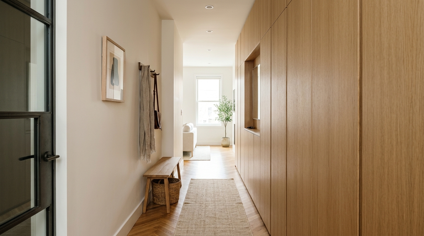 Sophisticated hallway organization featuring custom floor-to-ceiling cabinetry with integrated finger-pull handles.