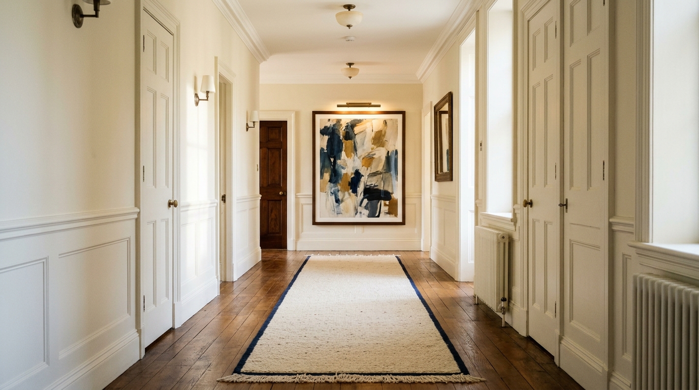 A plush low-pile wool runner in Benjamin Moore Swiss Coffee color, elongating a windowless apartment hallway.