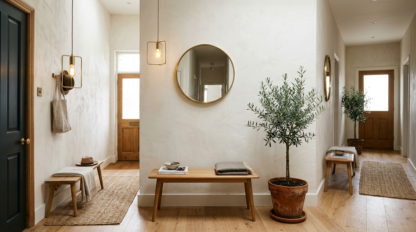 Editorial view of an entryway featuring an antique brass pendant light and a single oversized piece of abstract art.