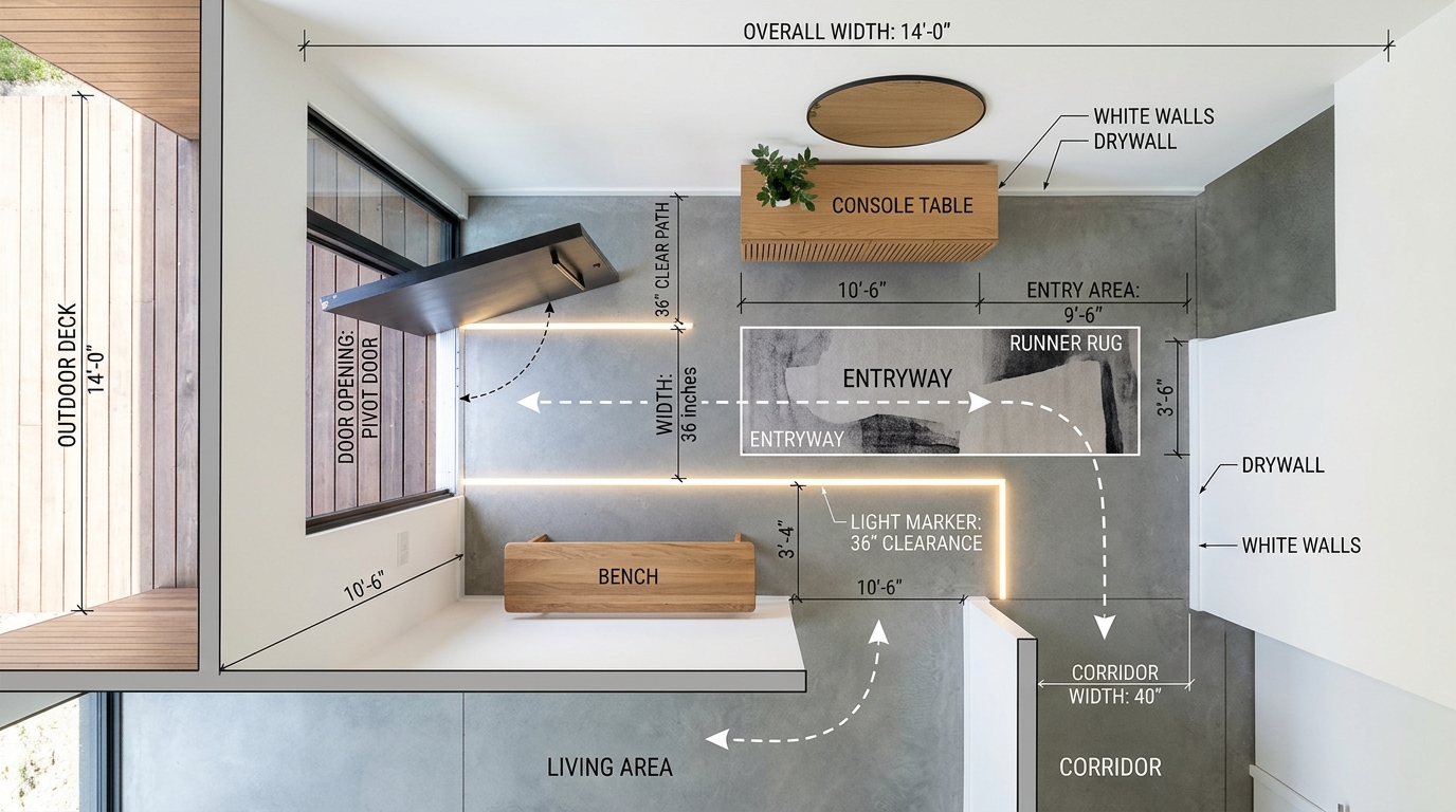 Spatial layout showing the 18-inch reach for an entryway table and 36-inch clearance for primary circulation.