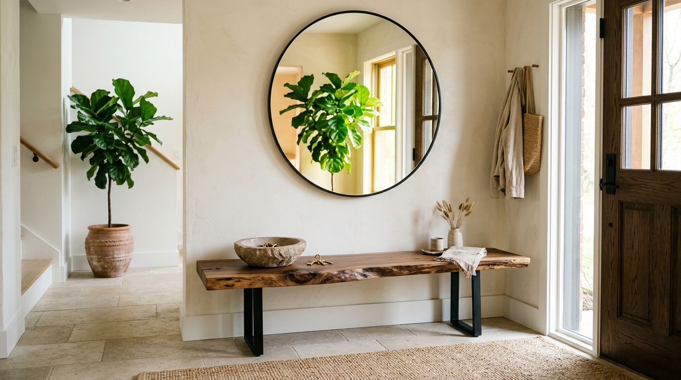 An organic modern entryway featuring a live-edge wood bench and a textured sisal rug under morning sunlight.
