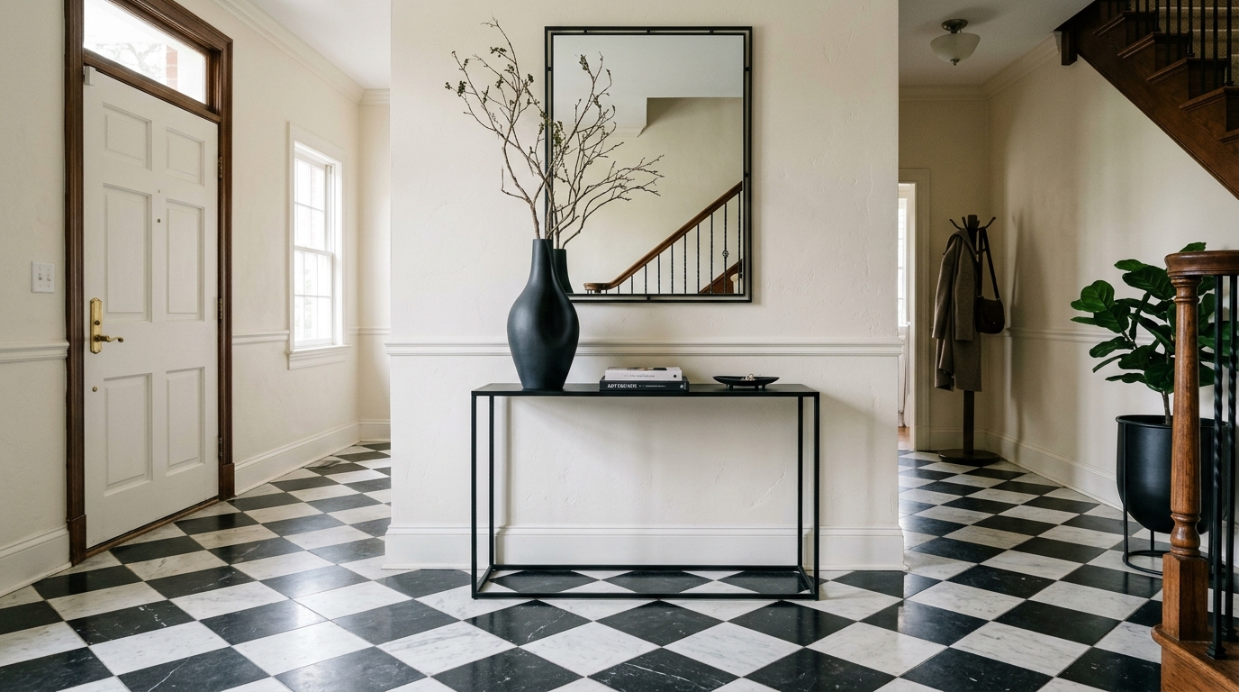 Elevated view of a checkerboard tile floor in a narrow hallway, creating a grand gallery-inspired aesthetic.