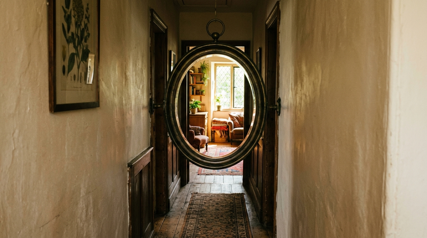 Small space interior design solution: a wall-mounted brass mirror reflecting a distant window to brighten the foyer.