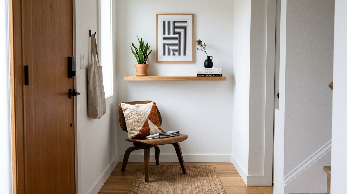 Modern small foyer decor with a focus on negative space, featuring one singular sculptural chair and a floating shelf.