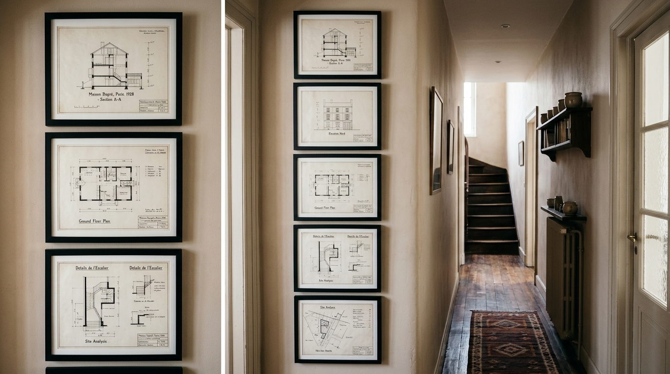 A transitional entryway with a narrow runner rug and a collection of framed architectural sketches in a vertical stack.